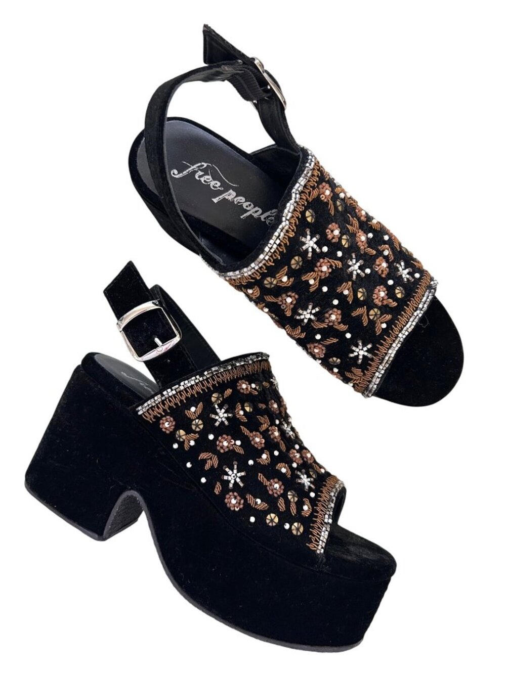 Free People Women's Sz 38 Embellished Nicola Wedge Block Heel Sandals